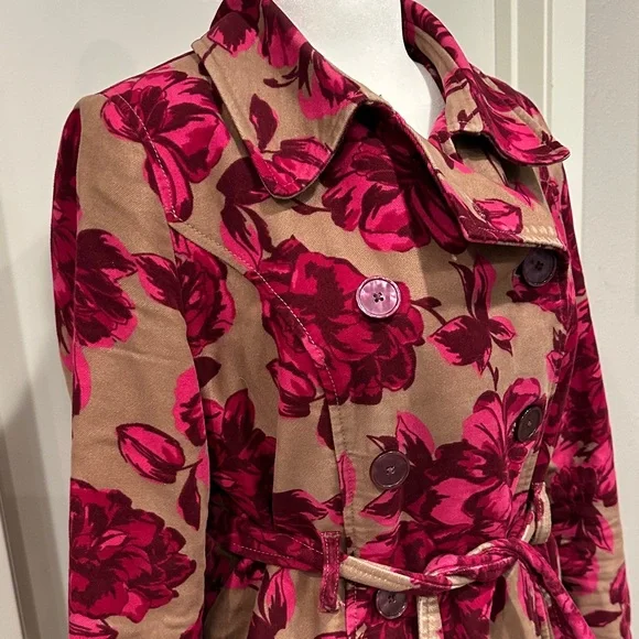 Merona Pink Floral Moleskin Cotton Trench Coat - M - Picture 3 of 10